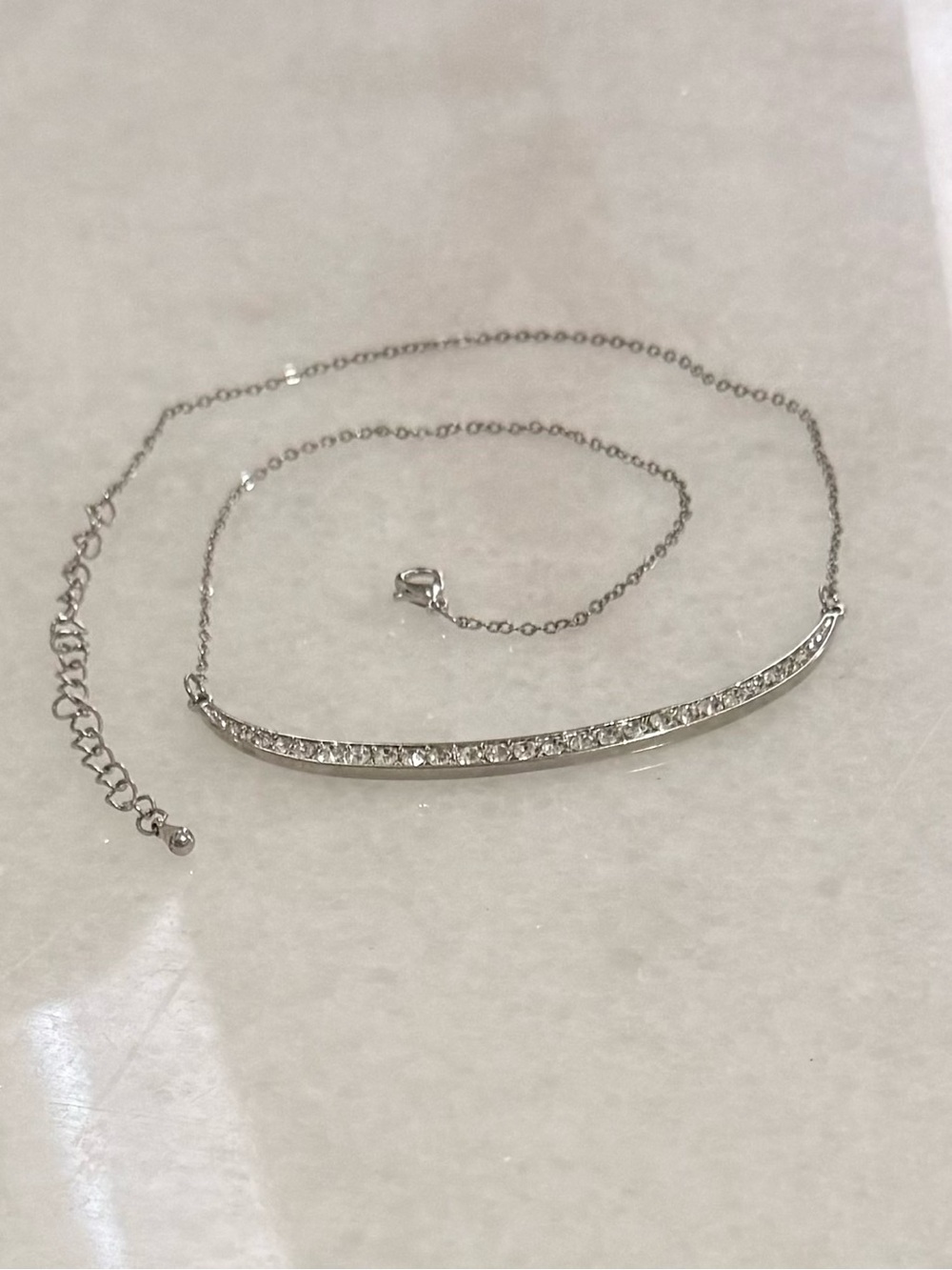 ✔Silvertone Curved Bar Necklace with Sparkling Stones - Picture 3 of 5